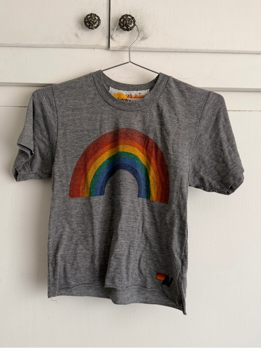 Aviator Nation Gray Tee with Rainbow Graphic
